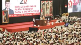 Ketua Umum Partai Gerindra Prabowo Subianto dalam acara Konsolidasi Akbar Partai Gerindra se-Jakarta Timur yang digelar di GOR Velodrom, Jakarta Timur, Minggu, 16 Juli 2023. (Dok. Tim Media Prabowo Subianto)